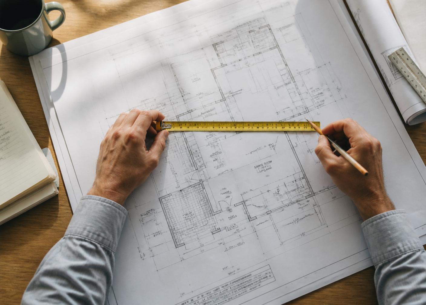 Arquiteto medindo planta técnica sobre a mesa